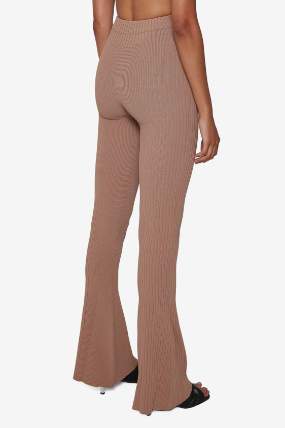 Knitted Flared High Waisted Trousers Beige