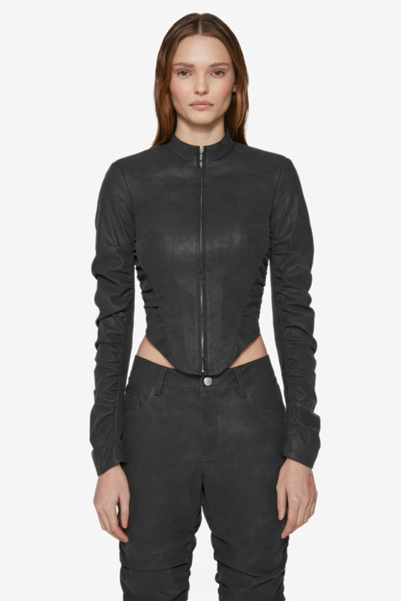 Faded Vegan Leather Ruched Jacket Black