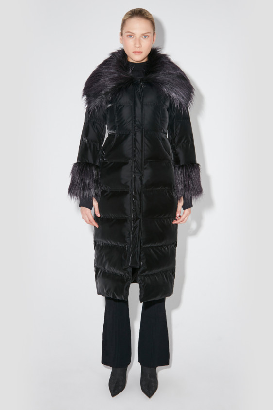 Velvet Latex Puffer Coat With Fur