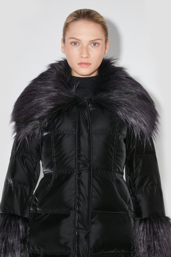 Velvet Latex Puffer Coat With Fur
