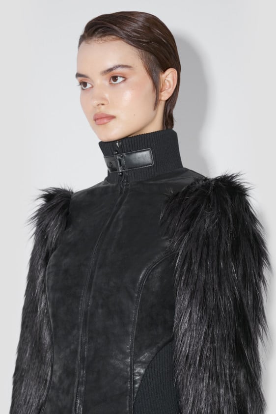 Faded Faux Leather Jacket With Fur Sleeves