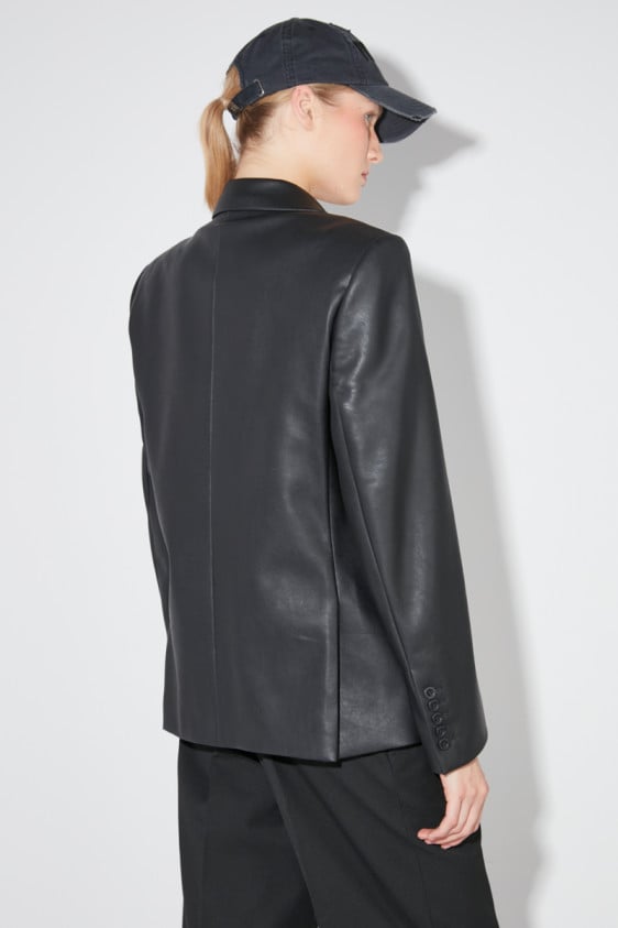 Matte Faux Leather Double Breasted Blazer Black