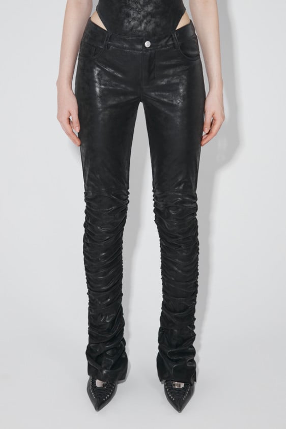 Faded Faux Leather Ruched Trousers