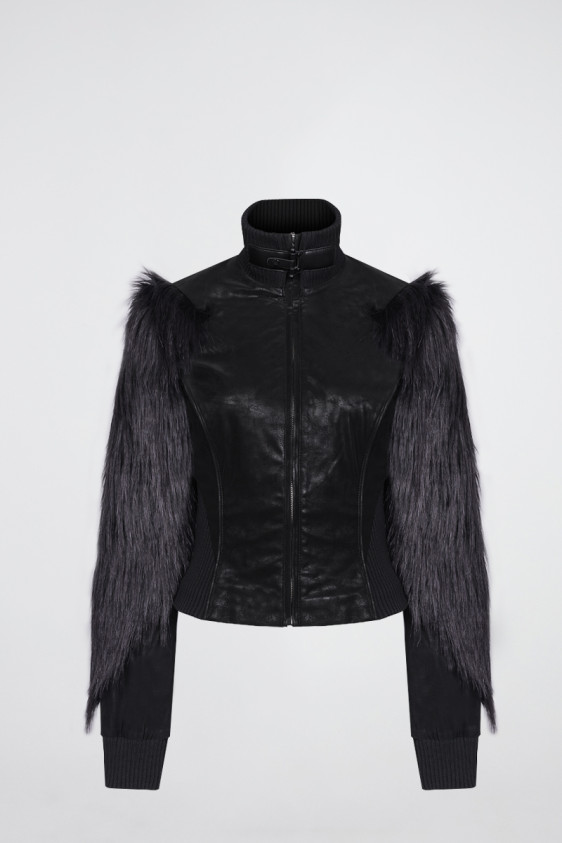 Faded Faux Leather Jacket With Fur Sleeves Black