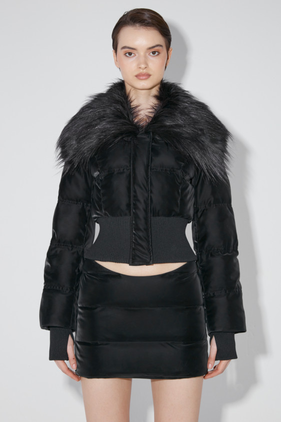 Velvet Latex Cropped Puffer Jacket With Fur Black
