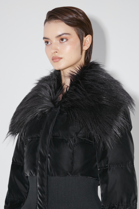 Velvet Latex Cropped Puffer Jacket With Fur Black