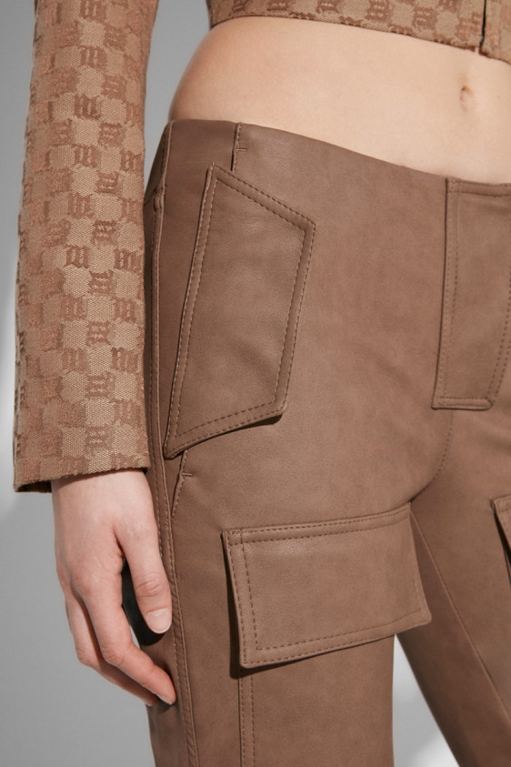 Matte Faux Leather Bootcut Moto Trousers Brown
