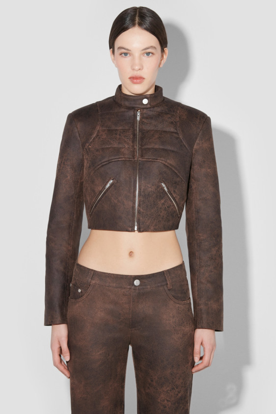 Cracked Faux Leather Cropped Moto Jacket Brown