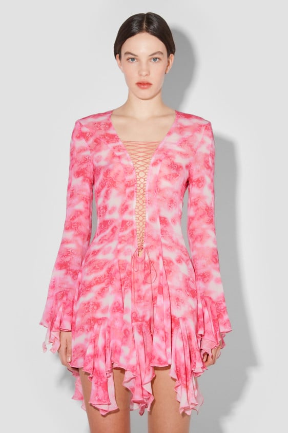 Recycled Camo Viscose Chiffon Lace Mini Dress Pink
