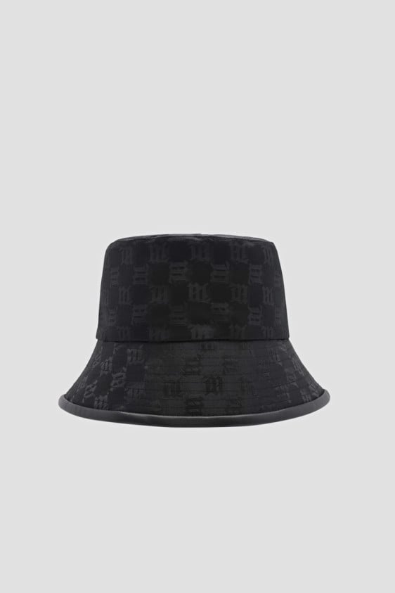 Leather-Trimmed Monogram Bucket Hat Black