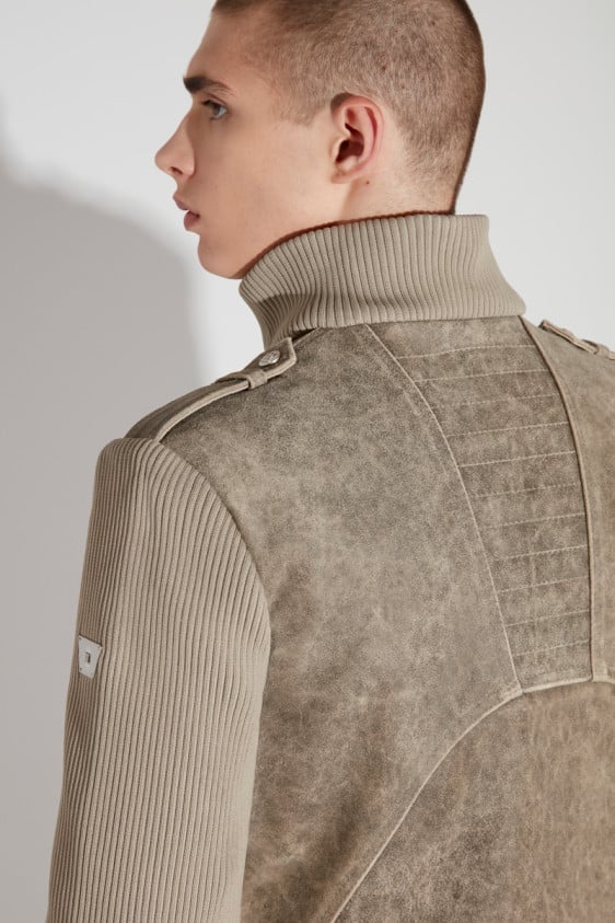 Rib Concept Aged Leather Fitted Jacket Taupe